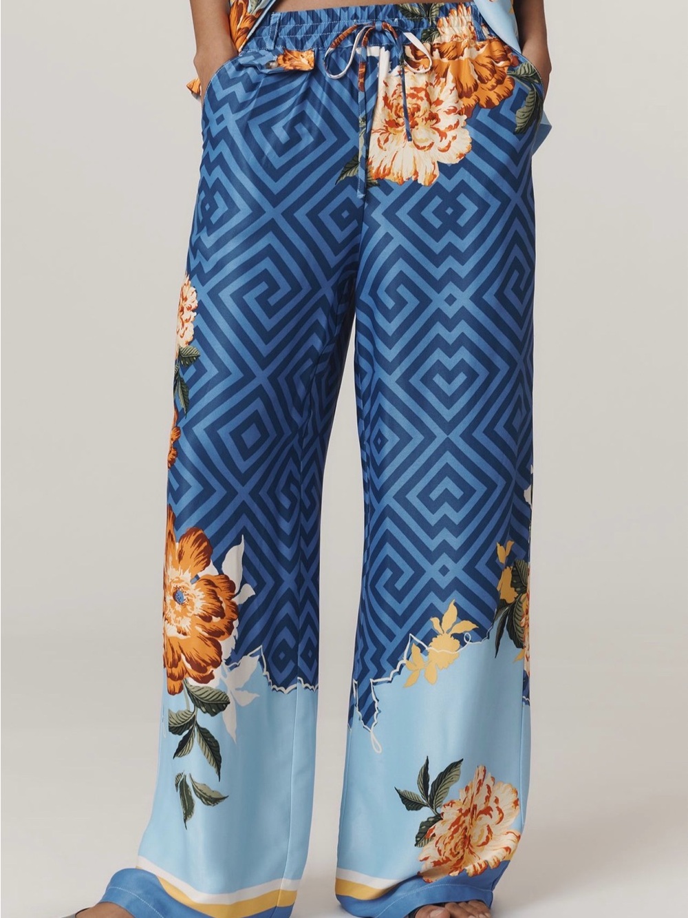 Maeve Blue Geometric & Floral Wide-Leg Drawstring Silk Pants
